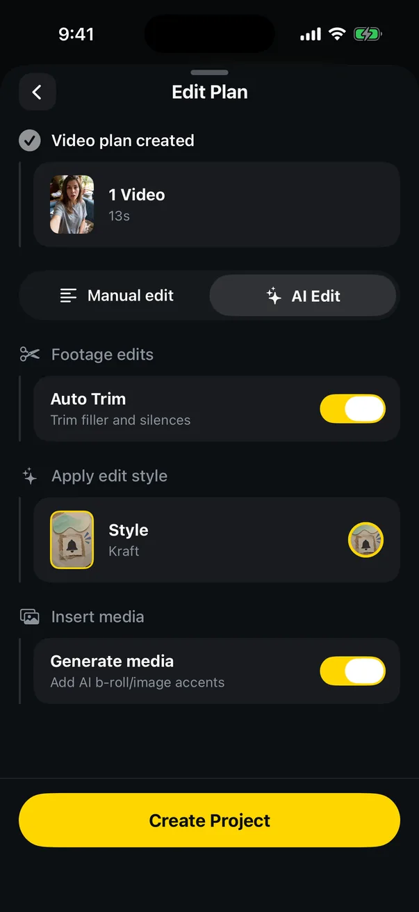 Remixie’s Edit Plan screen with Auto Trim on and the Kraft style applied