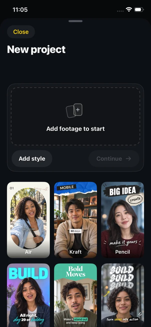 Remixie’s New project screen with an empty footage area and Air, Kraft, Pencil, and other styles to choose from