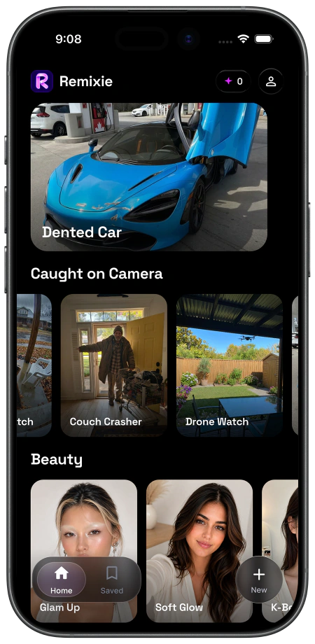 Remixie open on an iPhone with prank and beauty edit templates